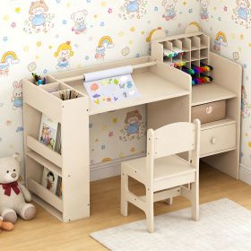 Kids Art Table and Chair Set with Detachable Paper Roll Holder and Cabinet