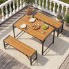 51" Acacia Wood Dining Table with Umbrella Hole & Metal Support for Garden