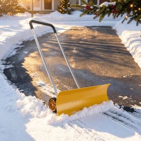 Yellow 37 Inch Wheeled Aluminum Snow Pusher with Adjustable Ergonomic Handle