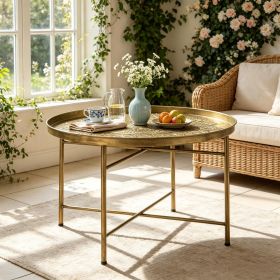 Center Table,Side Table with Hammered Floral Pattern Top,End Table,Round Coffee Table