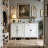 Vintage Distressed White Farmhouse Sideboard Buffet Cabinet, 4 Decorative Curved Doors Closed Storage Credenza Cupboard