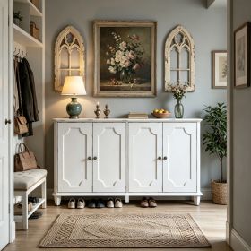 Vintage Distressed White Farmhouse Sideboard Buffet Cabinet, 4 Decorative Curved Doors Closed Storage Credenza Cupboard