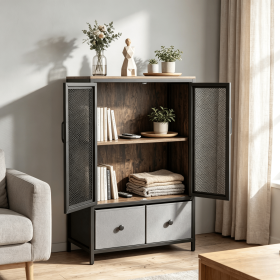 Industrial Coffee Bar Cabinet 2-Tier Storage Compartment Kitchen Pantry Cabinet with Open Shelves for Living Room