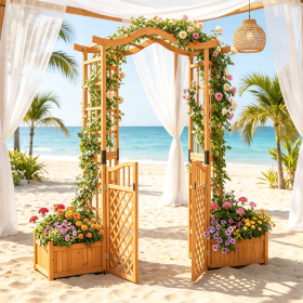 83 Inch Garden Arbor with Gate And 2 Planter Boxes Outdoor Wooden Archway for Planting And Privacy Fence