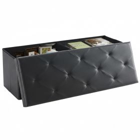 43" Storage Ottoman Bench, Foldable Storage Chest, End of Bed Foot Stool with Padded Seat, Bedroom Bench, Support 660lbs, PVC Black