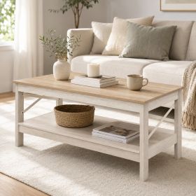 Coffee Table with Open Storage Shelf,2-Tier Rustic Farmhouse Center Table for Living Room, Natural Oak