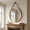 20" Wall Mounted Mirror Round Vanity Mirror with Leather Strap, Gold
