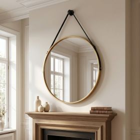 20" Wall Mounted Mirror Round Vanity Mirror with Leather Strap, Gold