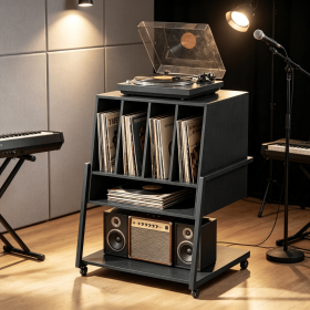Rolling Turntable Stand with Power Outlets Record Player Stand on Wheels for Easy Movement And Organization