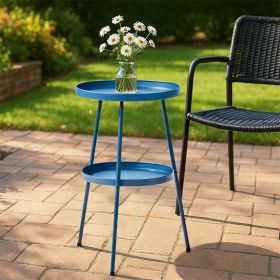 Round 2-Tier Small Side Table, Navy Blue Metal Frame, 12.6 Inch Diameter Compact End Table, Adjustable Non-Slip Feet
