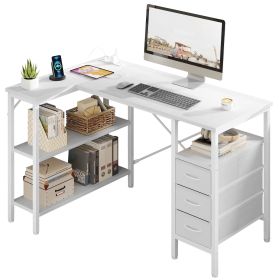 47 Inch L Shaped Desk with Power Outlets, Computer Desk with 3 Drawers, Shelves, Monitor Stand, Corner Work, White