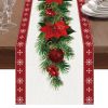 Watercolor Poinsettia Red Christmas Table Runner with White Snowflake