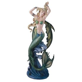 27"H Green Mermaid Fairy on Wave Figurine Large Sculpture Home Decor Gift
