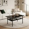 Modern Rectangular Glass Coffee Table with Tempered Glass Top and Wood Shelf, 38.6-Inch Center Table for Living Room, Black