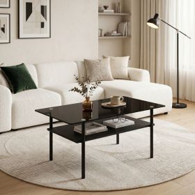 Modern Rectangular Glass Coffee Table with Tempered Glass Top and Wood Shelf, 38.6-Inch Center Table for Living Room, Black