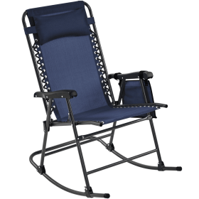 Outdoor Rocking Lounge Chair with Headrest Pillow, Navy Blue