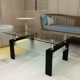 Glass Coffee Table, 38.6" Modern Rectangle Side Center Tables with Clear Tempered Glass Top for Living Room Black
