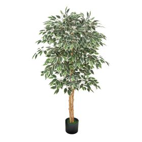 5FT Artificial Ficus Tree with Black Pot, Tall Faux Ficus Plant with Natural Wood Trunk and Realistic Green Leaves, Indoor Fake Silk Tree for Hom