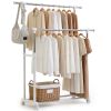 Clothes Rack, Double Rods Rolling Clothing Rack, Portable Garment Rack with Wheels, Adjustable Height & Width, for Bedroom Laundry Room, White