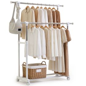 Clothes Rack, Double Rods Rolling Clothing Rack, Portable Garment Rack with Wheels, Adjustable Height & Width, for Bedroom Laundry Room, White