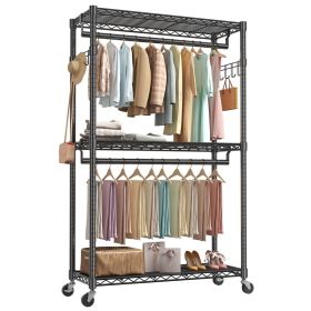 45 Inch Rolling Clothes Rack, Adjustable Metal Shelves, Heavy Duty Clothes Rack with Side Hooks for Household, Laundry Room, Black