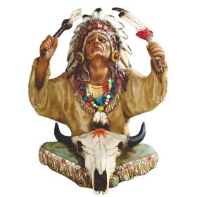 10"H Native American Chief with Bull Skull Figurine Home Decor Gift