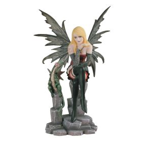 9"H Red Fire Fairy with Green Baby Dragon Figurine Home Decor Gift