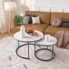 Set of 2 Round Nesting Coffee Tables with Marble Pattern Top and Sturdy Metal Frame, End Side Tables for Living Room and Balcony, White