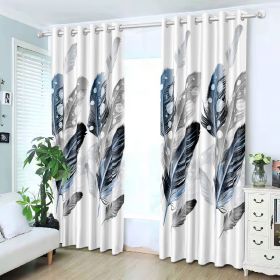 Blue Feather Print Semi-Blackout Curtain Set, 2 Panels 52 x 84 Inches Each
