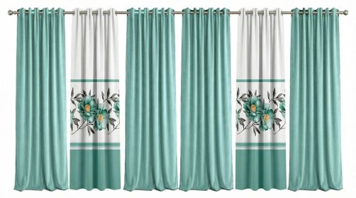 Green Rose Floral 6-Piece Curtain Set, Grommet Window Panels 38 x 84 Inches Each