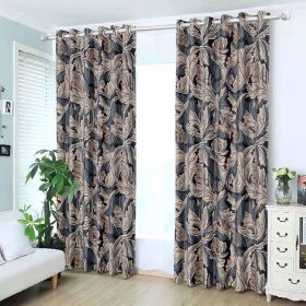 Navy and Beige Vintage Leaf Semi-Blackout Curtain Set, 2 Panels 52 x 84 Inches Each