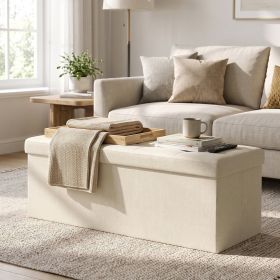 Cream White Folding Storage Ottoman Bench with 660lb Capacity, Ottoman with Storage, Footrest