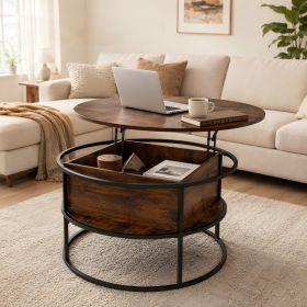 Lift-Top Coffee Table Round Center Table with Hidden Compartment Storage Shelf for Living Room, Rustic Brown