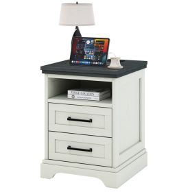 Nightstand with Charging Station, Farmhouse Bedside Table with 2 Drawers and Open Shelf, Wood End Table, Modern Side Table for Bedroom, White