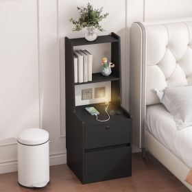 Tall Nightstand with Charging Station,Modern Bedside Tables with Storage Shelves & 2 Drawers for Bedroom,Black