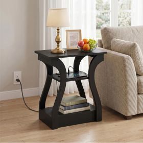 3-Tier End Table with Charging Station, Slim Side Table with USB Ports & Outlets, Modern Nightstand for Small Spaces, Living Room, Bedroom, Black
