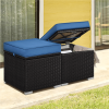 Wicker Patio Storage Ottomans with Cushions, Set of 2, Brown/Dark Blue