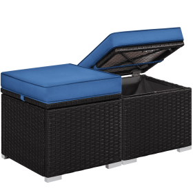 Wicker Patio Storage Ottomans with Cushions, Set of 2, Brown/Dark Blue