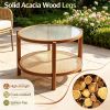 2-Tier Rattan Coffee Table Frosted Tempered Glass Top Wood Legs Living Room Decorative Storage