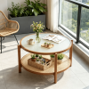 2-Tier Rattan Coffee Table Frosted Tempered Glass Top Wood Legs Living Room Decorative Storage