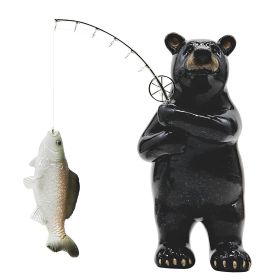 6.5"H Black Bear Fishing with Fish Rod Figurine Home Decor Gift