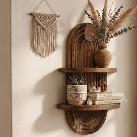 2 Tier Rustic Wooden Wall Mounted Plant Shelf, Floating Flower Pot Display Rack, Farmhouse Storage Organizer for Kitchen, Living Room, Bedroom