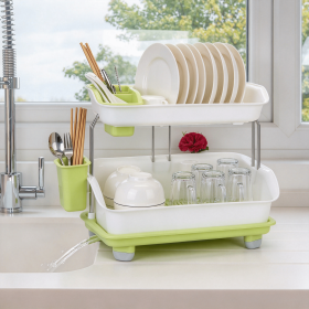 Countertop Dish Rack, 2 Tier Large Dish Drainer with Drain Tray & Cutlery Holder, Stable Stand for Plates, Bowls and Kitchen Utensils