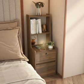 Tall Nightstand with Charging Station,Modern Bedside Tables with Storage Shelves & 2 Drawers for Bedroom,Brown