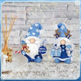 2 Pcs Winter Christmas Gnomes Figurines, Rustic Scandinavian Nordic Elf Figurine Wooden Snowy Blue Gnome Decoration Set