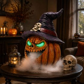 Halloween Witch Hat Pumpkin Decor with Mist Maker, Plug-in Cool Fogger & Golden LED Glowing Eyes