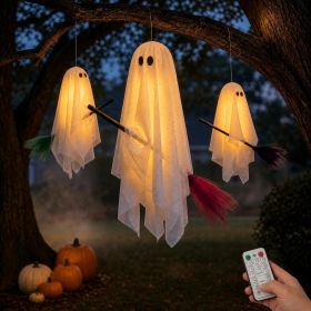 Halloween Decorations Outdoor, 3 Pack Hanging Light Up Ghosts on Brooms Lighted Flying Ghost Family Decor, Floating Gauze Ghost for Tree, Porch, Yard