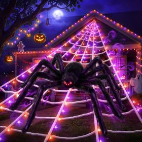 Upgrade Halloween Spider Web Decorations Outdoor + 59" Giant Spider DÃ©cor  Halloween Lights Decor Indoor and Outdoor with 8 Lighting Modes