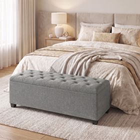 Large Storage Ottoman Bench, End of Bed Bench with Tufted Linen-Look Fabric, Light Gray