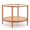 Ban on AM Sales2-Tier Round Coffee Table, Water Ripple Glass Top, PE Rattan & Iron Frame, 25.6"25.6"18.5", Heat Transfer Wood Grain